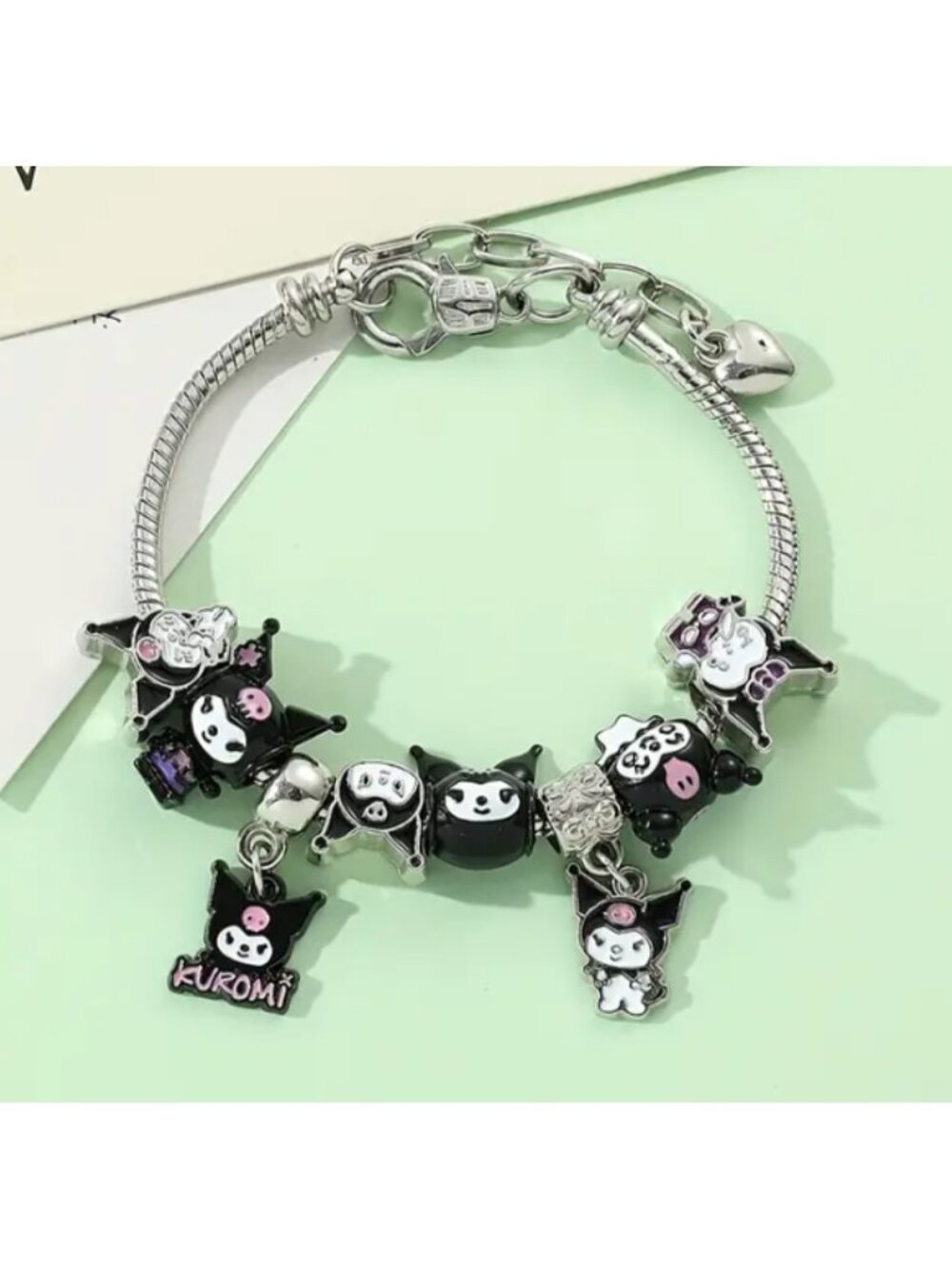 Kuromi Black & Silver Charm Bracelet – Beaded Statement Jewelry, Cute Gothic Gif